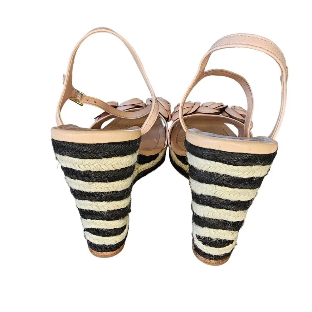 Kate Spade Jill Pink Puff Leather‎ Rosette Black White Woven Raffia Wedges Sz 10
